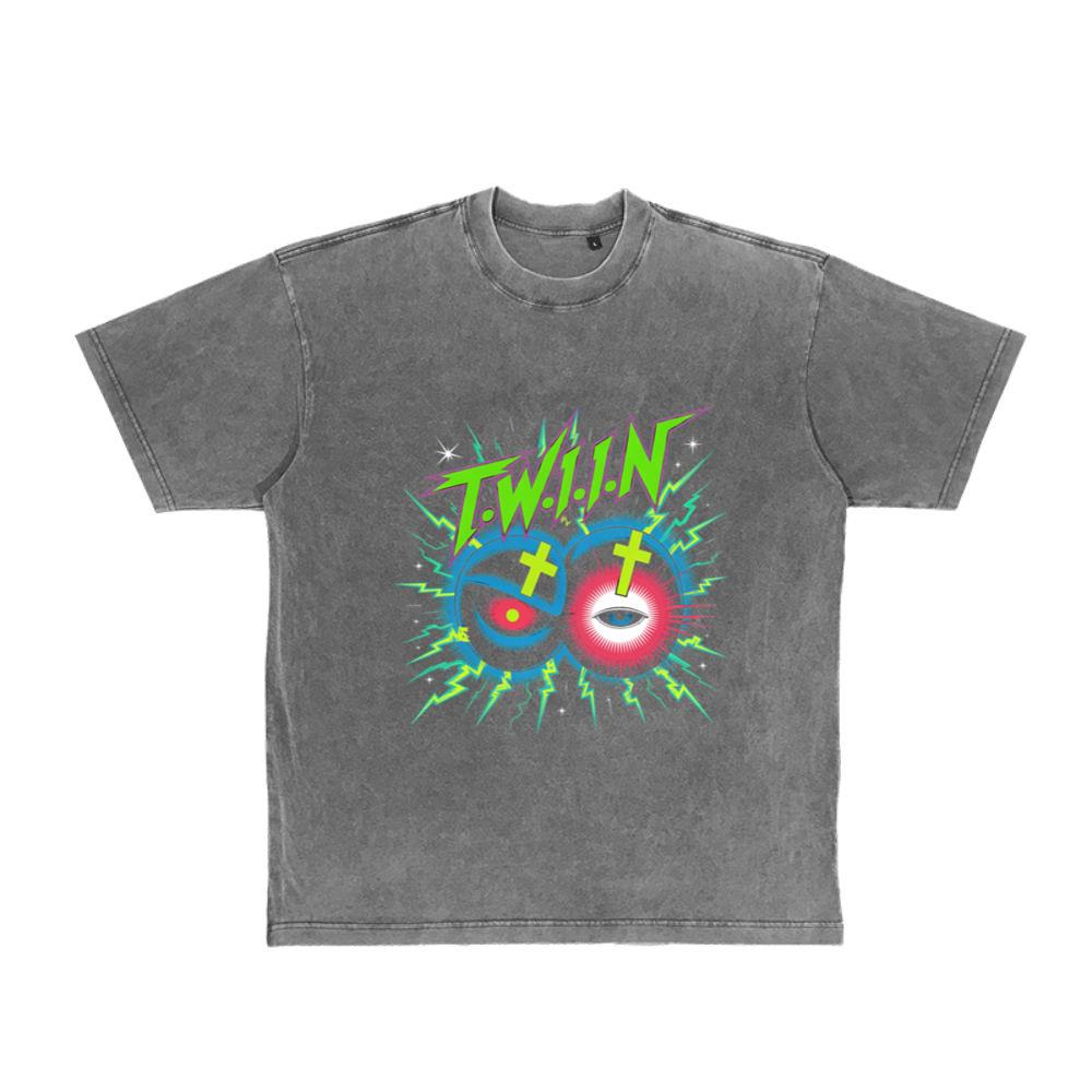 Twin Skull Neon Cross Eyes Graphic Art T-Shirt