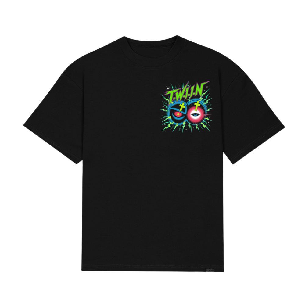 Twin Skull Neon Cross Eyes Graphic Art T-Shirt