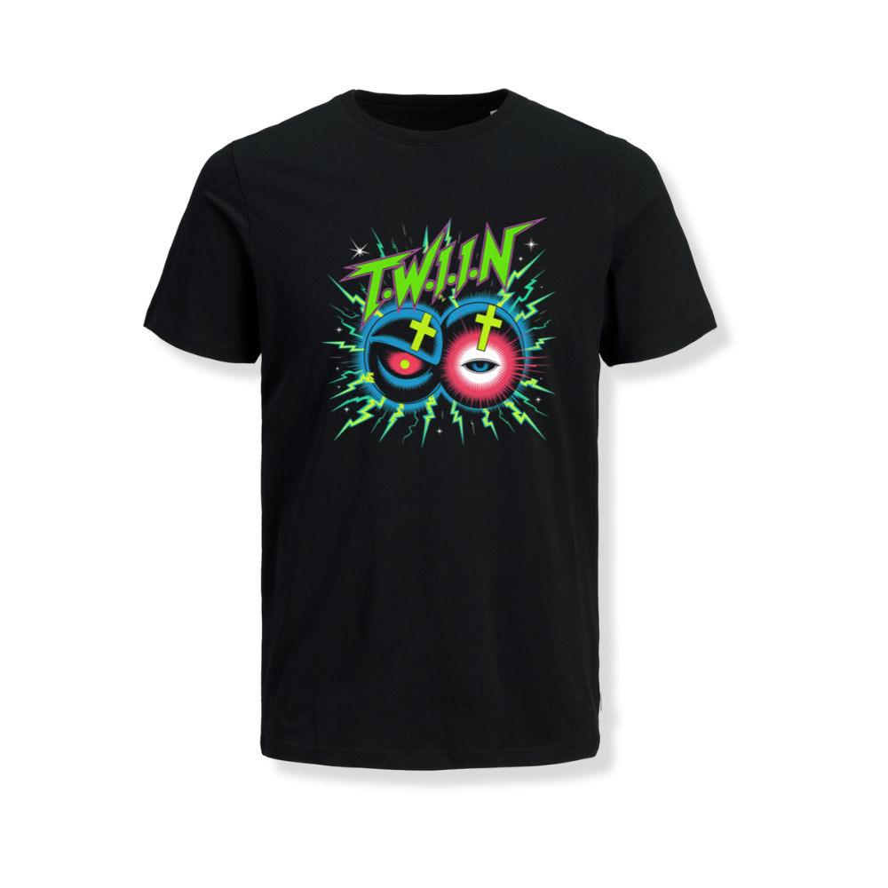 Twin Skull Neon Cross Eyes Graphic Art T-Shirt
