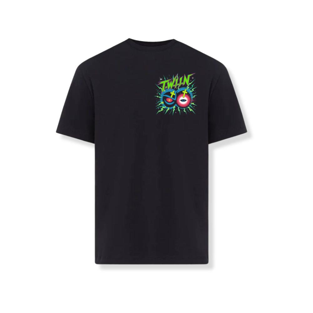 Twin Skull Neon Cross Eyes Graphic Art T-Shirt
