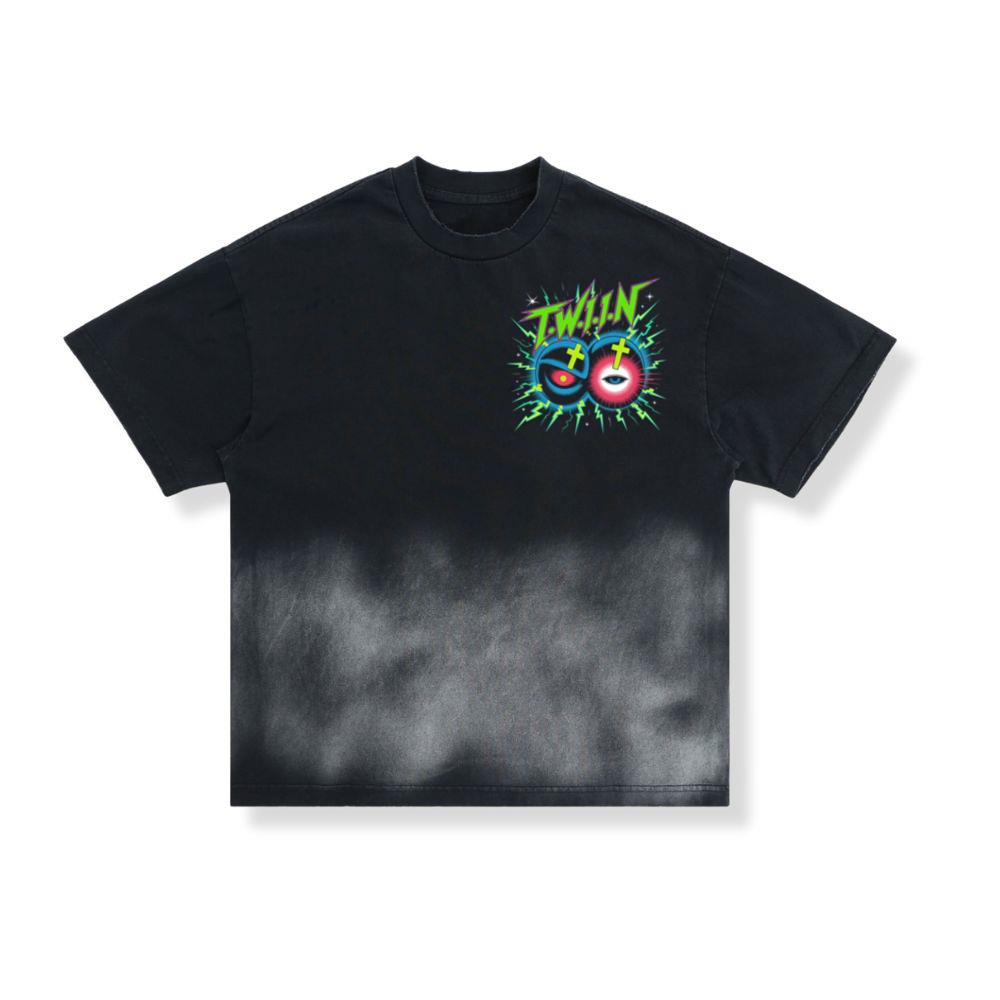 Twin Skull Neon Cross Eyes Graphic Art T-Shirt