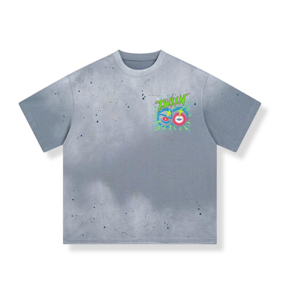 Twin Skull Neon Cross Eyes Graphic Art T-Shirt