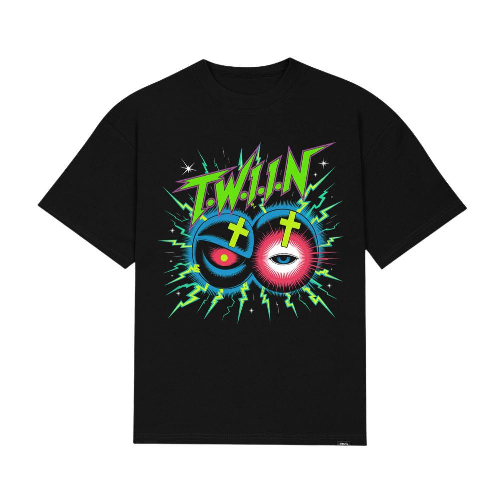 Twin Skull Neon Cross Eyes Graphic Art T-Shirt