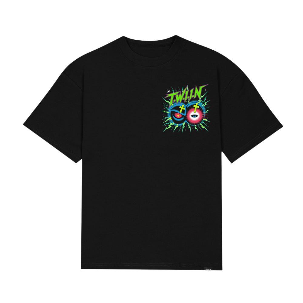 Twin Skull Neon Cross Eyes Graphic Art T-Shirt