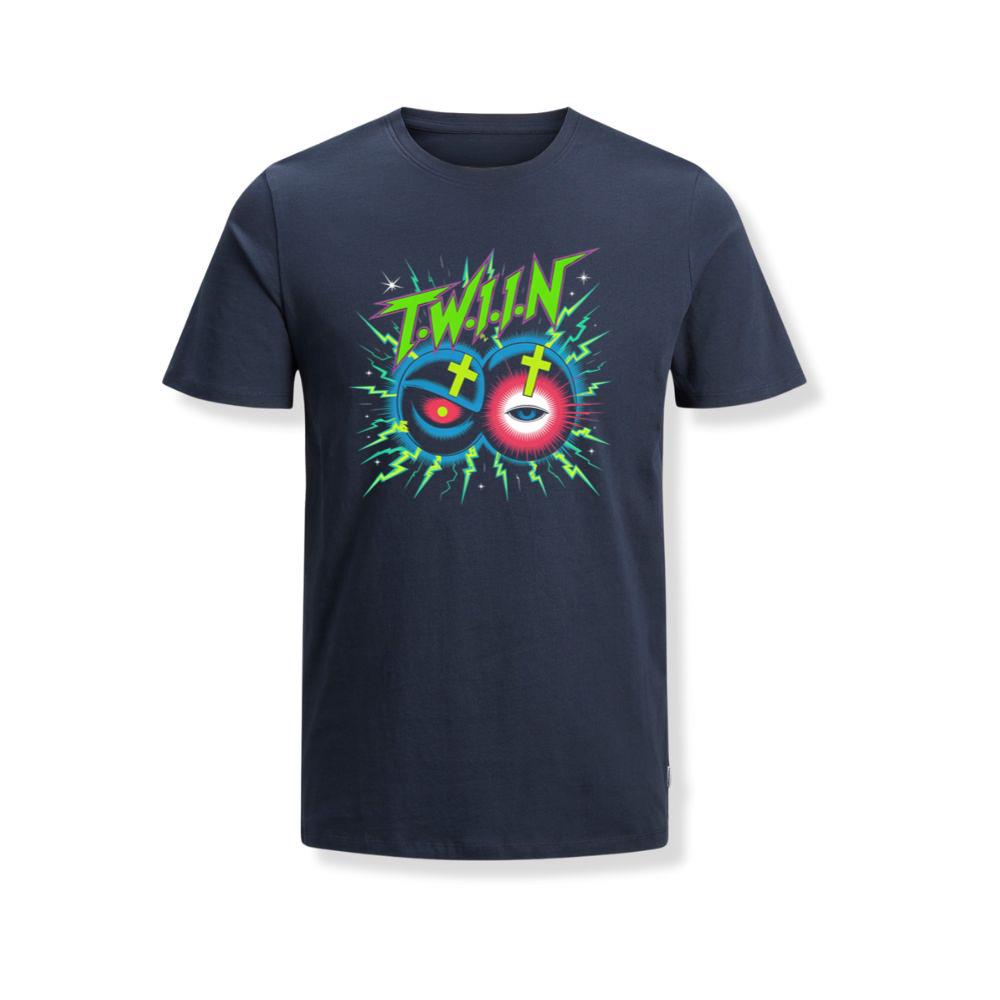 Twin Skull Neon Cross Eyes Graphic Art T-Shirt - Image 2
