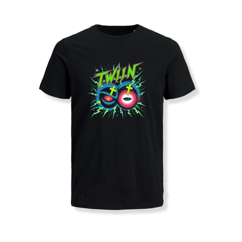 Twin Skull Neon Cross Eyes Graphic Art T-Shirts