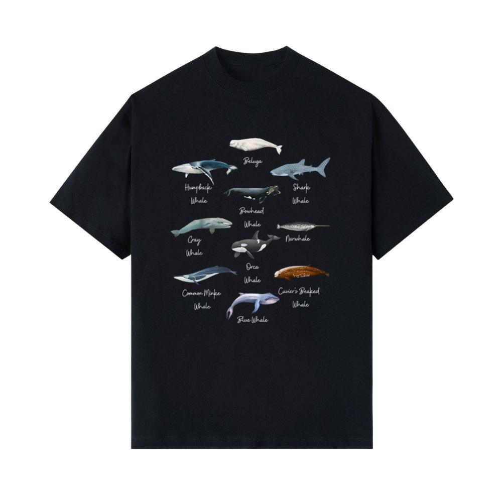 Types Of Whales Watercollor Cute Ocean Mammals Guide T-Shirt