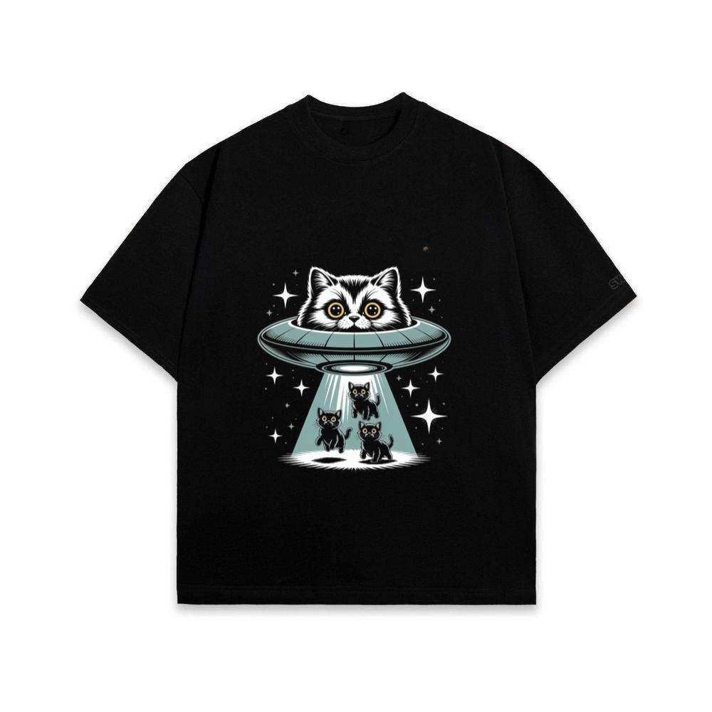UFO Cat Abduction Funny Alien Graphic T-Shirt
