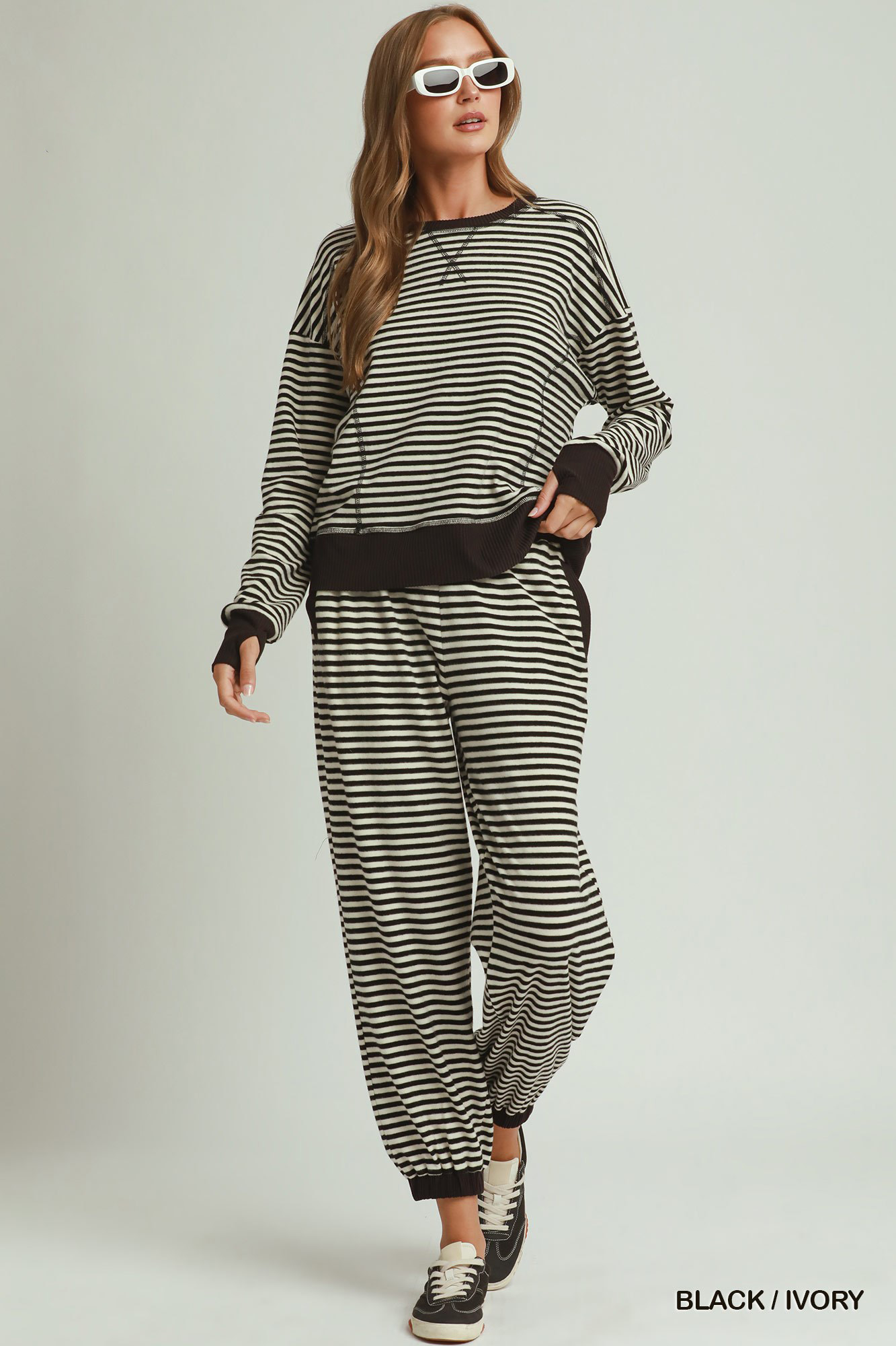 Umgee Tencel Fleece Stripe Crewneck Top