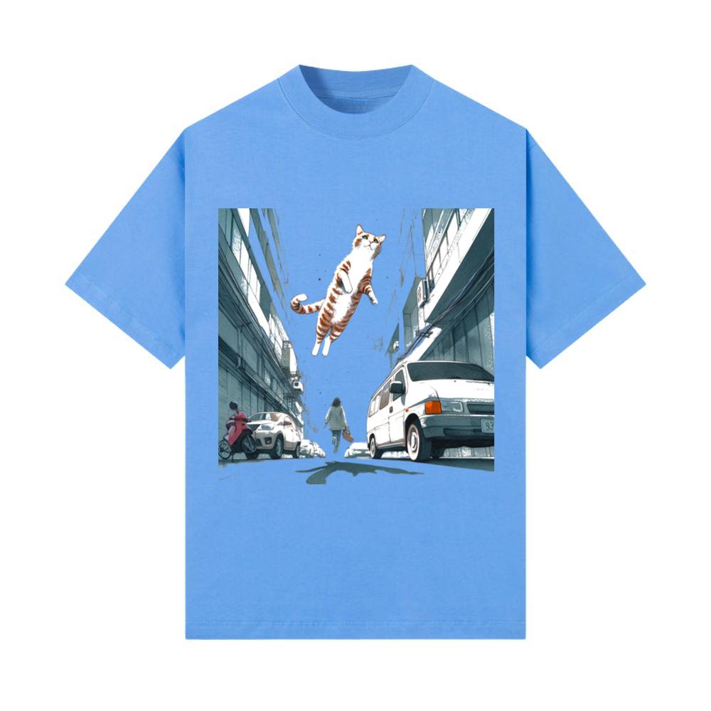 Urban Cat Leap_ A Surreal Cityscape Animal Anime T-Shirt
