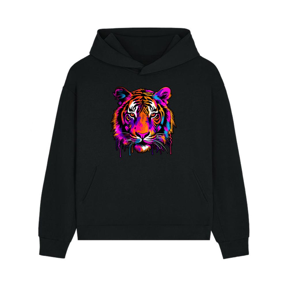 Vibrant Neon Tiger Face Hoodie