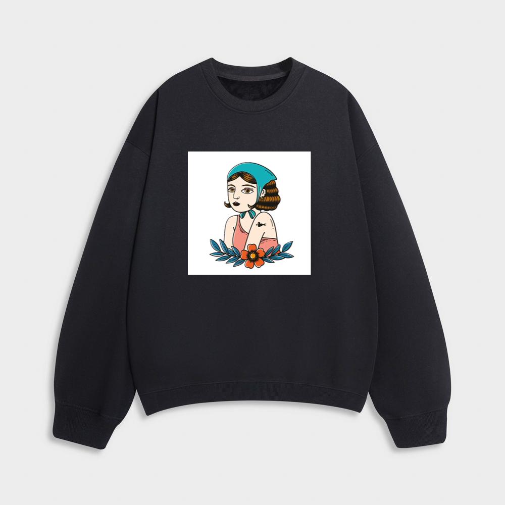Vintage Tattoo Style Woman with Flower Sweatshirt