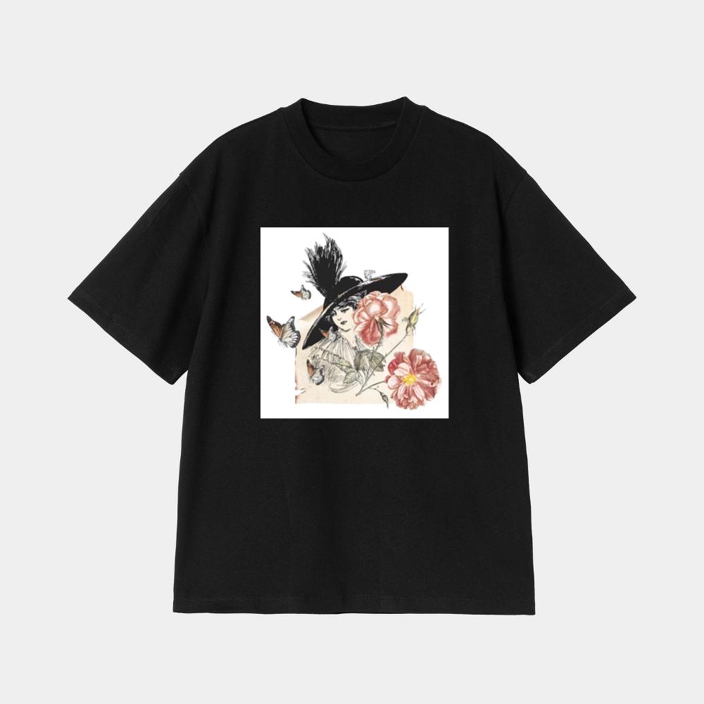 Vintage Woman with Hat, Flowers, and Butterflies T-Shirt