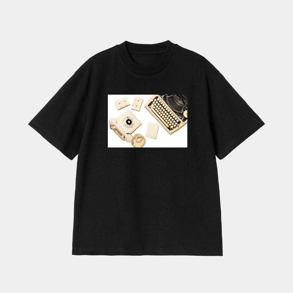 Vintage Yellow Telephone with Typewriter, Cassettes, and Paper T-Shirt