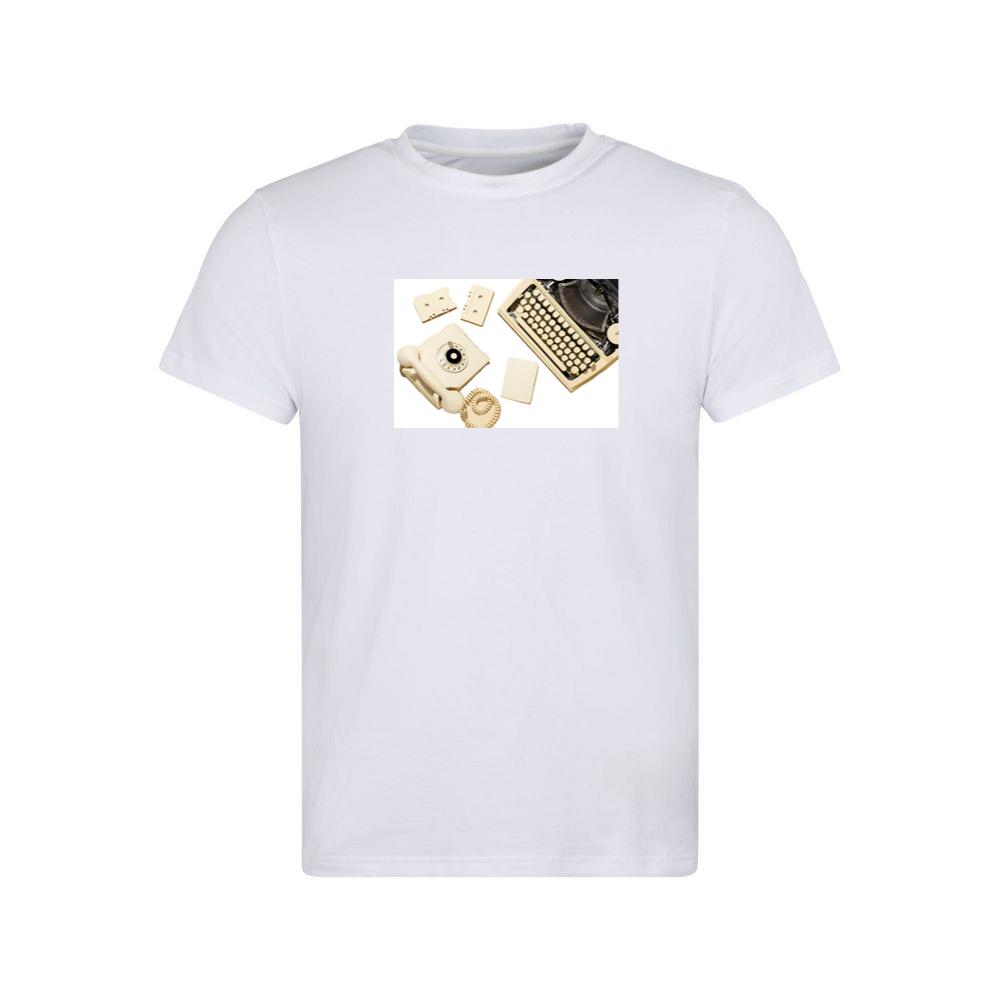 Vintage Yellow Telephone with Typewriter, Cassettes, and Paper T-Shirts