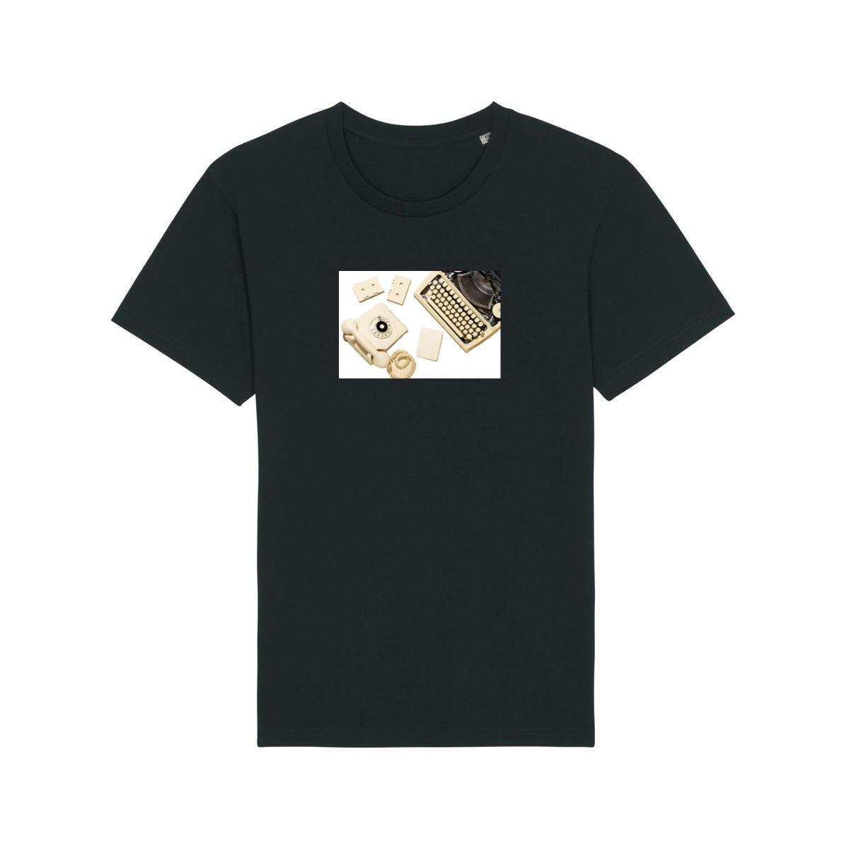 Vintage Yellow Telephone with Typewriter, Cassettes, and Paper T-Shirts