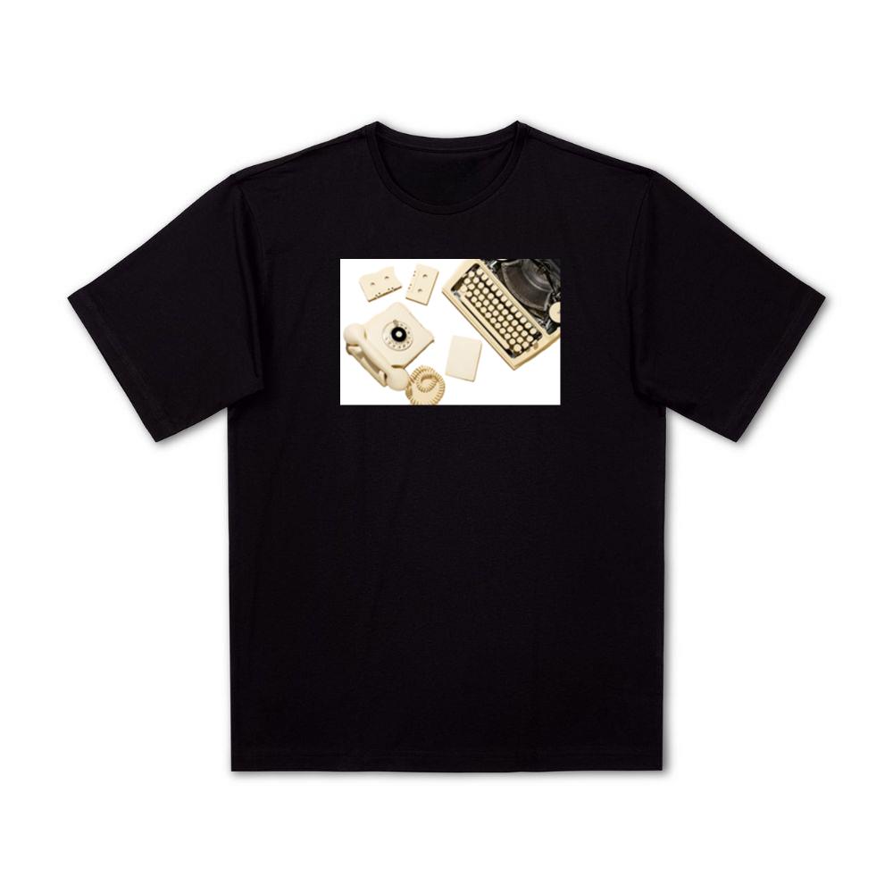 Vintage Yellow Telephone with Typewriter, Cassettes, and Paper T-Shirts