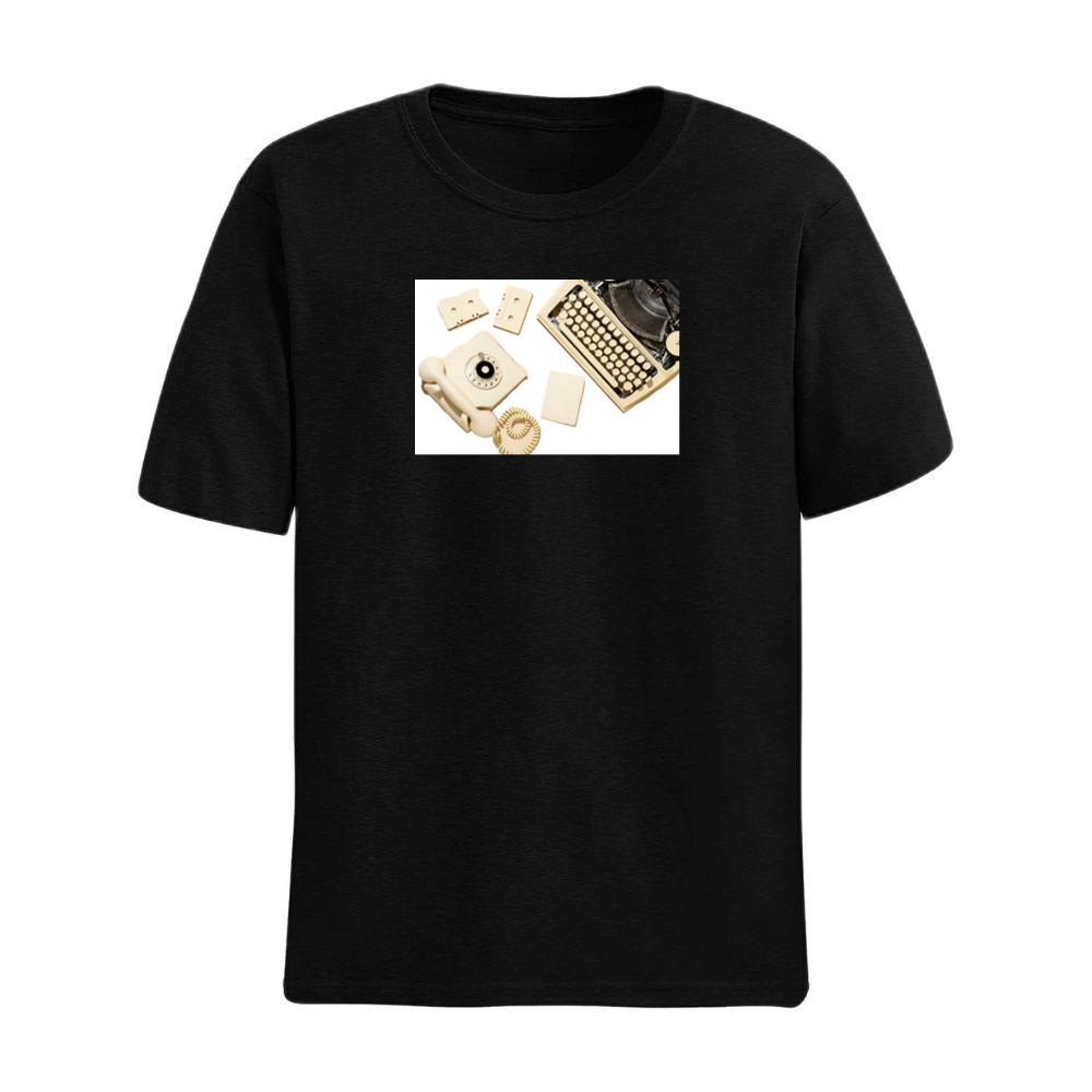 Vintage Yellow Telephone with Typewriter, Cassettes, and Paper T-Shirts