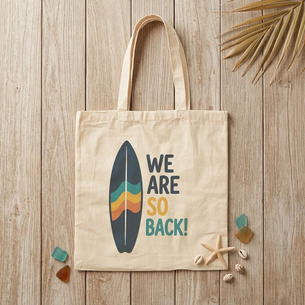 We Are So Back Canvas Tote Bag Retro Surfboard Summer Graphic Carryall Coastal Aesthetic Beach Bag for Vacation Eco-Friendly Surfing Lover Gift