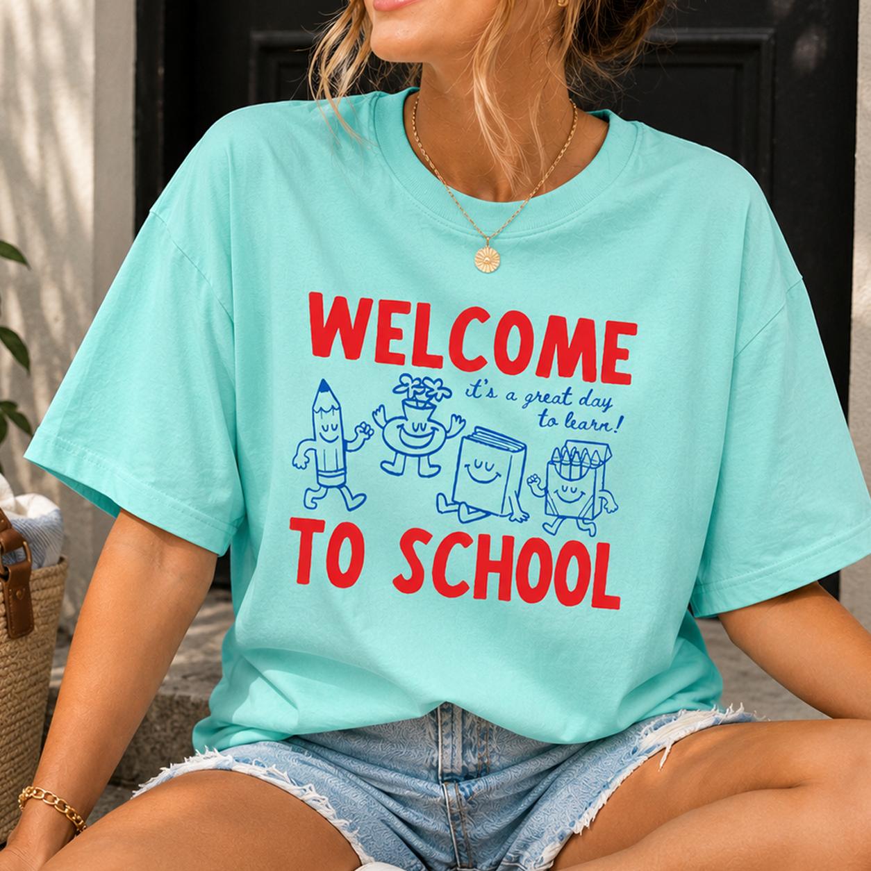 Welcome To School It's A Great Day To Learn Graphic T-Shirt For Women Teachers Educators Preppy Retro Cute Teacher Core White Cotton Blend Back To School First Day Outfit Casual Top Funny Elementary Kinder Tee