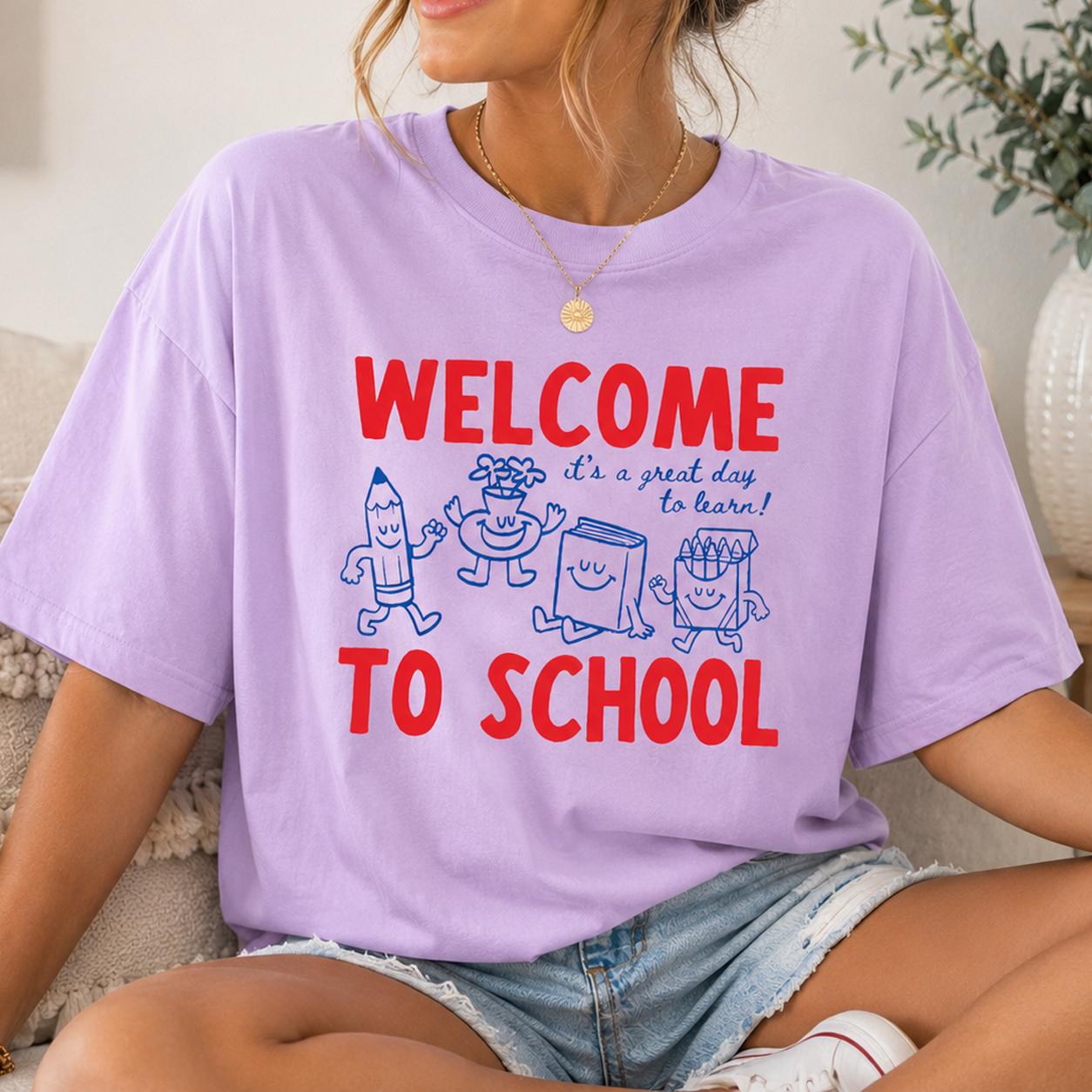 Welcome To School It's A Great Day To Learn Graphic T-Shirt For Women Teachers Educators Preppy Retro Cute Teacher Core White Cotton Blend Back To School First Day Outfit Casual Top Funny Elementary Kinder Tee - Image 4