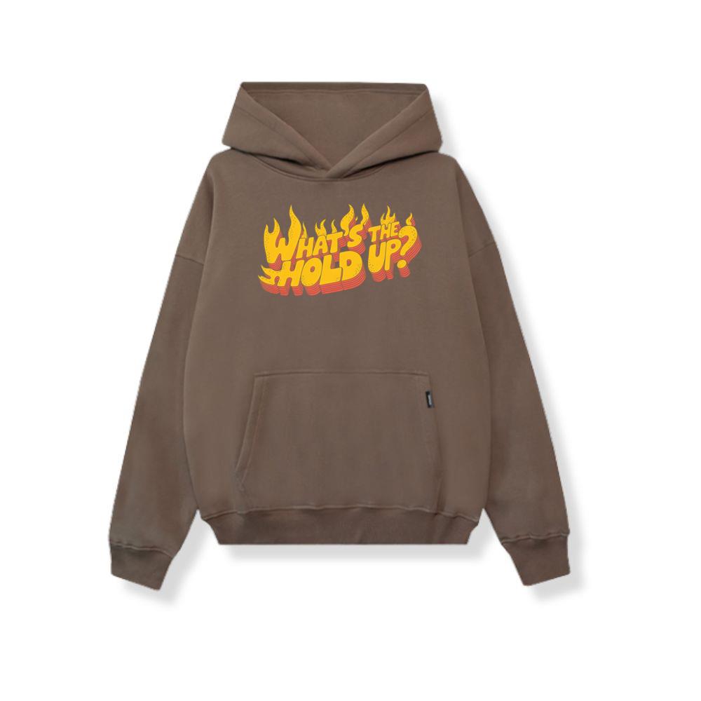 Whats the Hold Up Retro Fire Text Graphic Hoodie