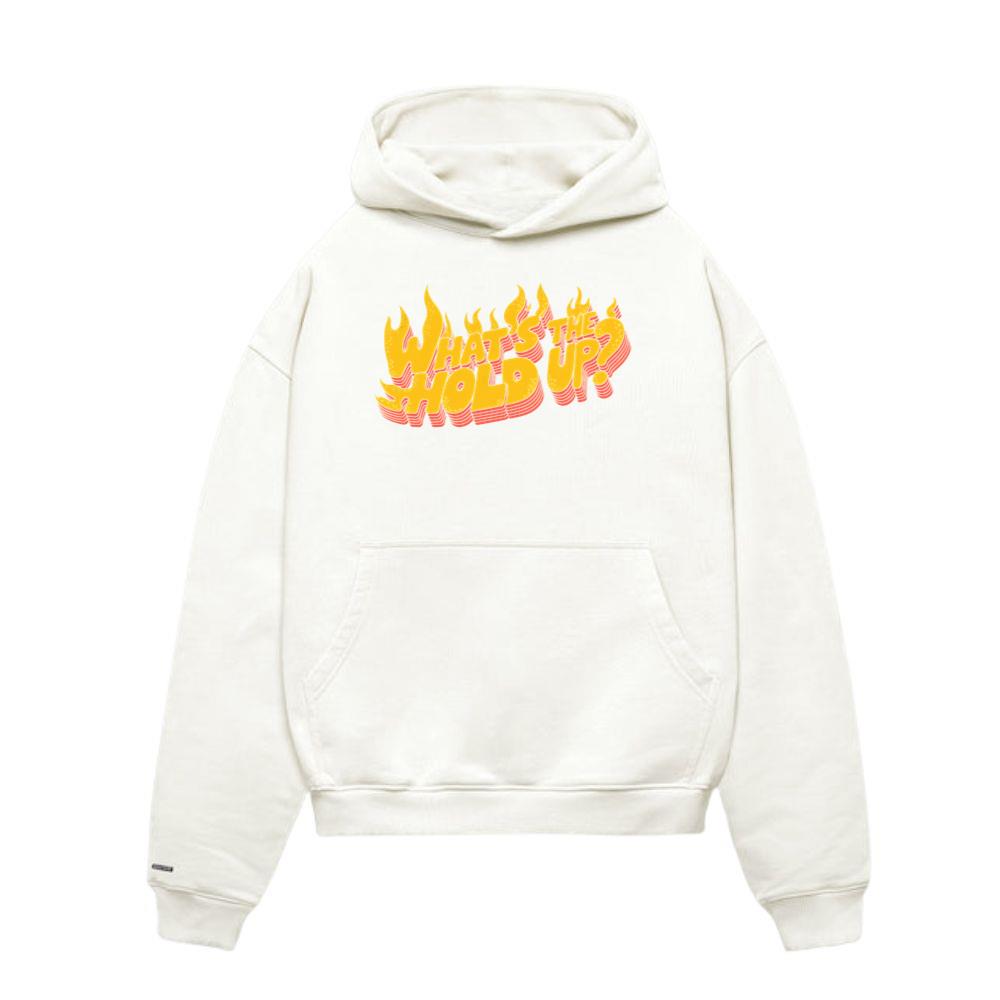 Whats the Hold Up Retro Fire Text Graphic Hoodies