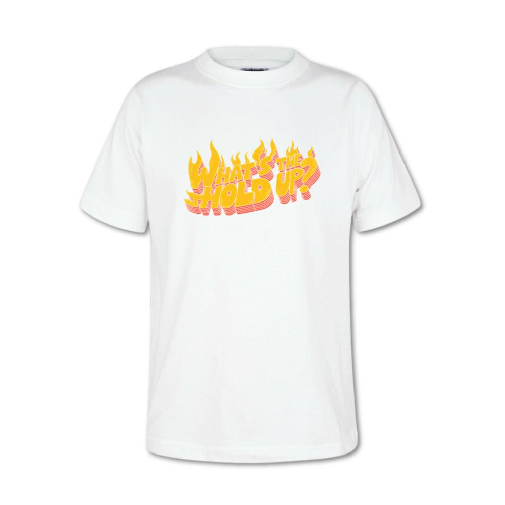 Whats the Hold Up Retro Fire Text Graphic T-Shirt