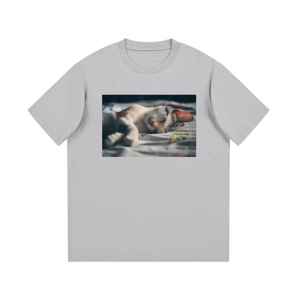 White Orange and Gray Tabby Cat Lying on Gray Textile TShirts Kulottee