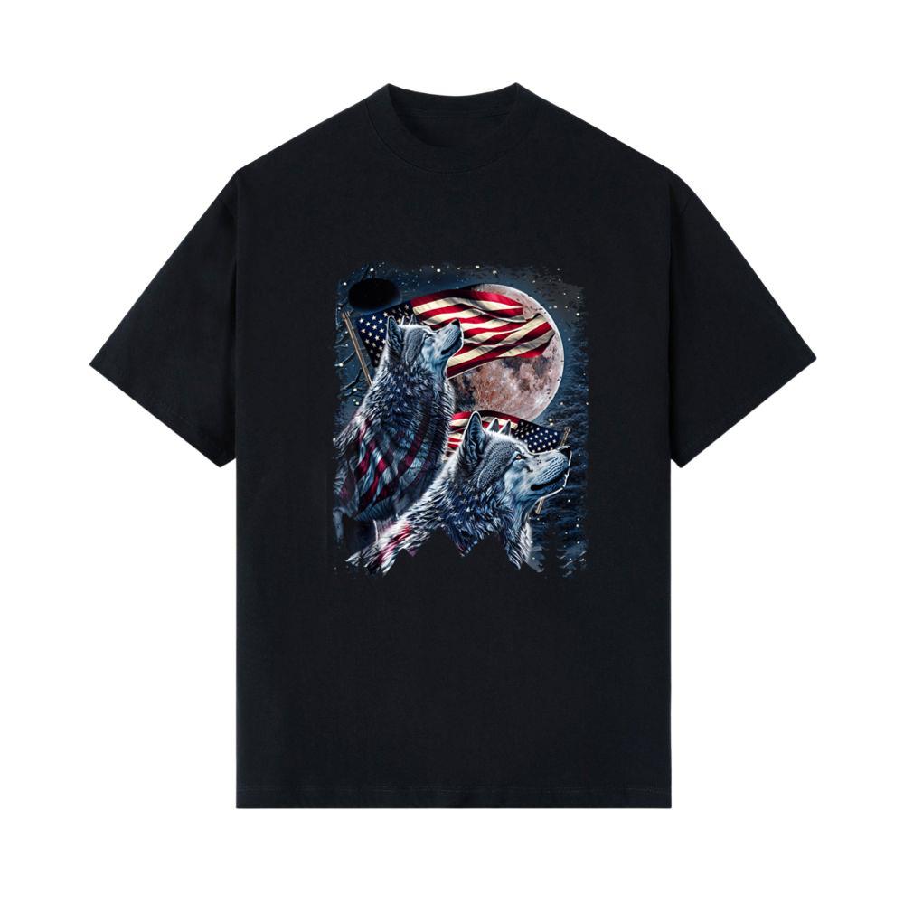 Wolf 4th of July American Flag Howling Wolves Under Moon T-Shirt 