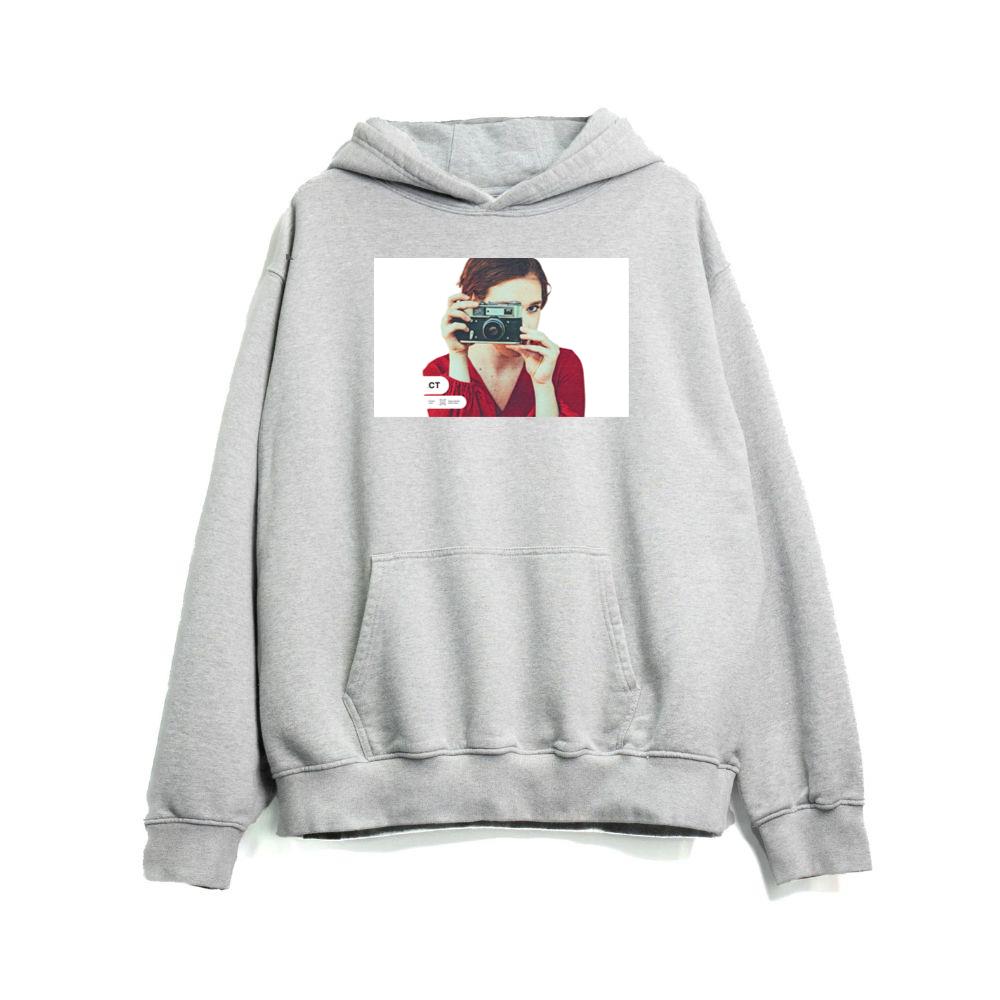 Woman Holding Vintage Camera with Aged Effect Hoodies