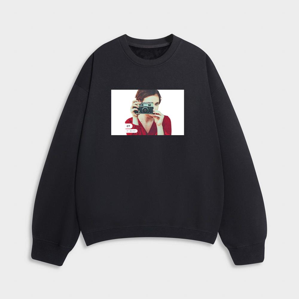 Woman Holding Vintage Camera with Aged Effect Sweatshirt