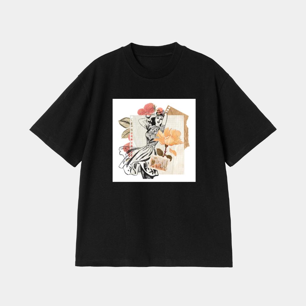 Woman in Dress, Rose, and Raspberry Collage T-Shirt