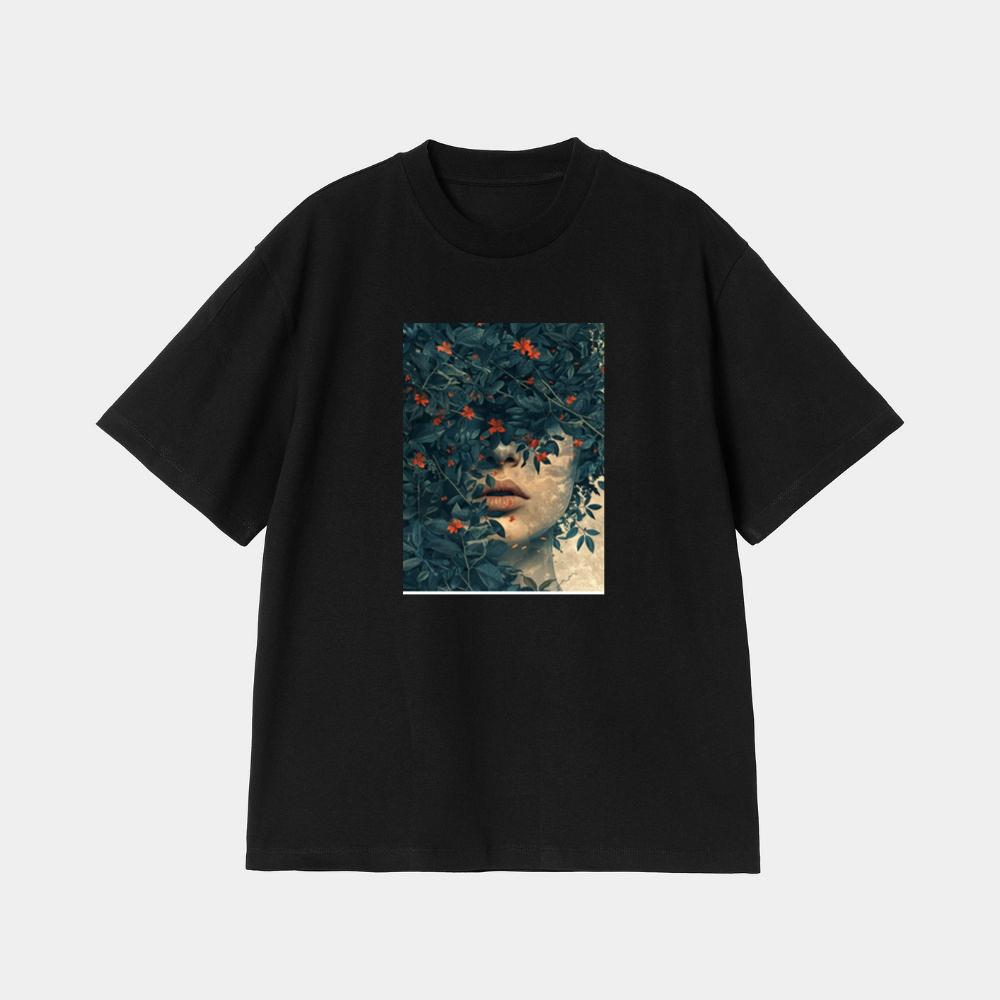 Woman's Face Among Leaves and Flowers T-Shirt