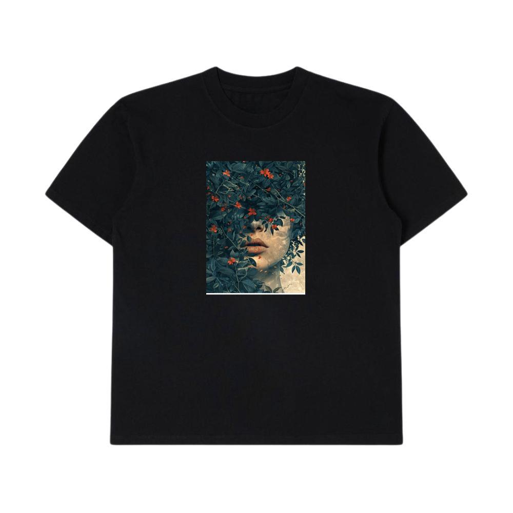 Woman's Face Among Leaves and Flowers T-Shirts