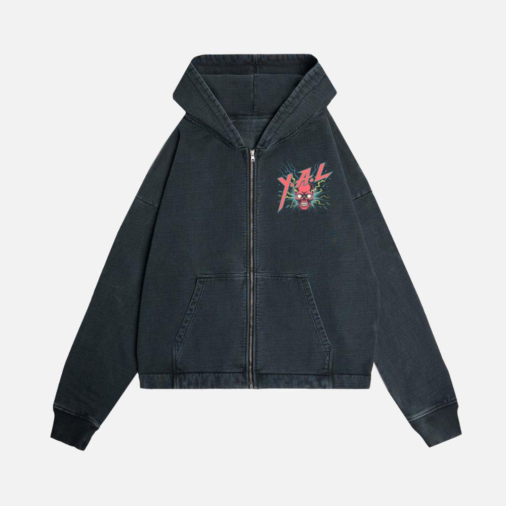 YAL Skull Lightning Bolt Retro Graphic Zip Hoodie