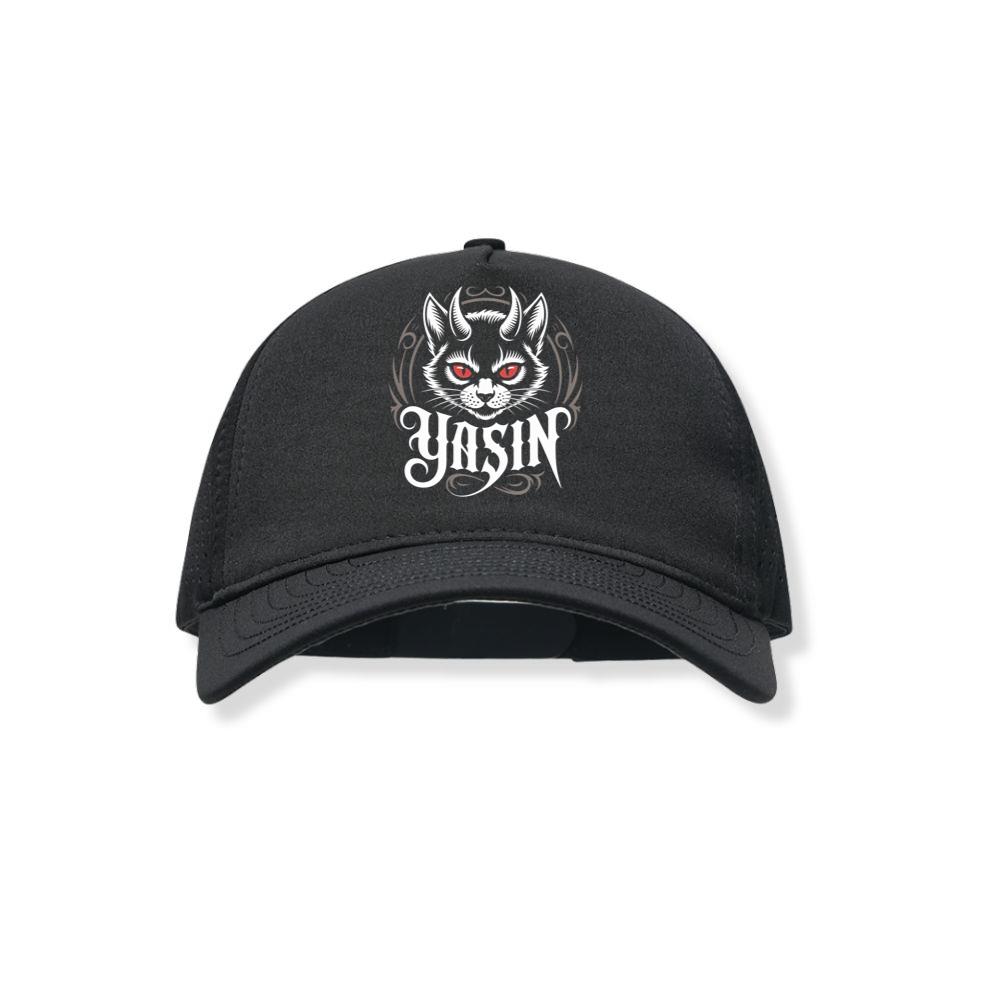 Yasin Evil Cat with Horns and Glowing Red Eyes Artwork Black Hat