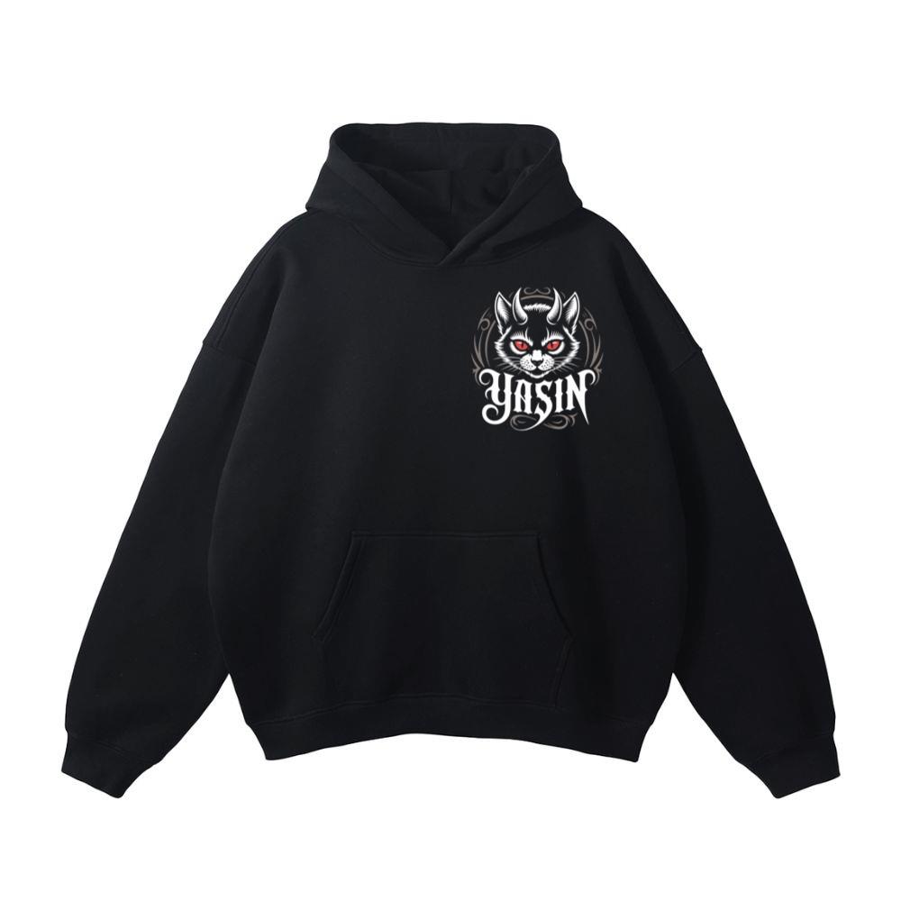 Yasin Evil Cat with Horns and Glowing Red Eyes Artwork Hoodie