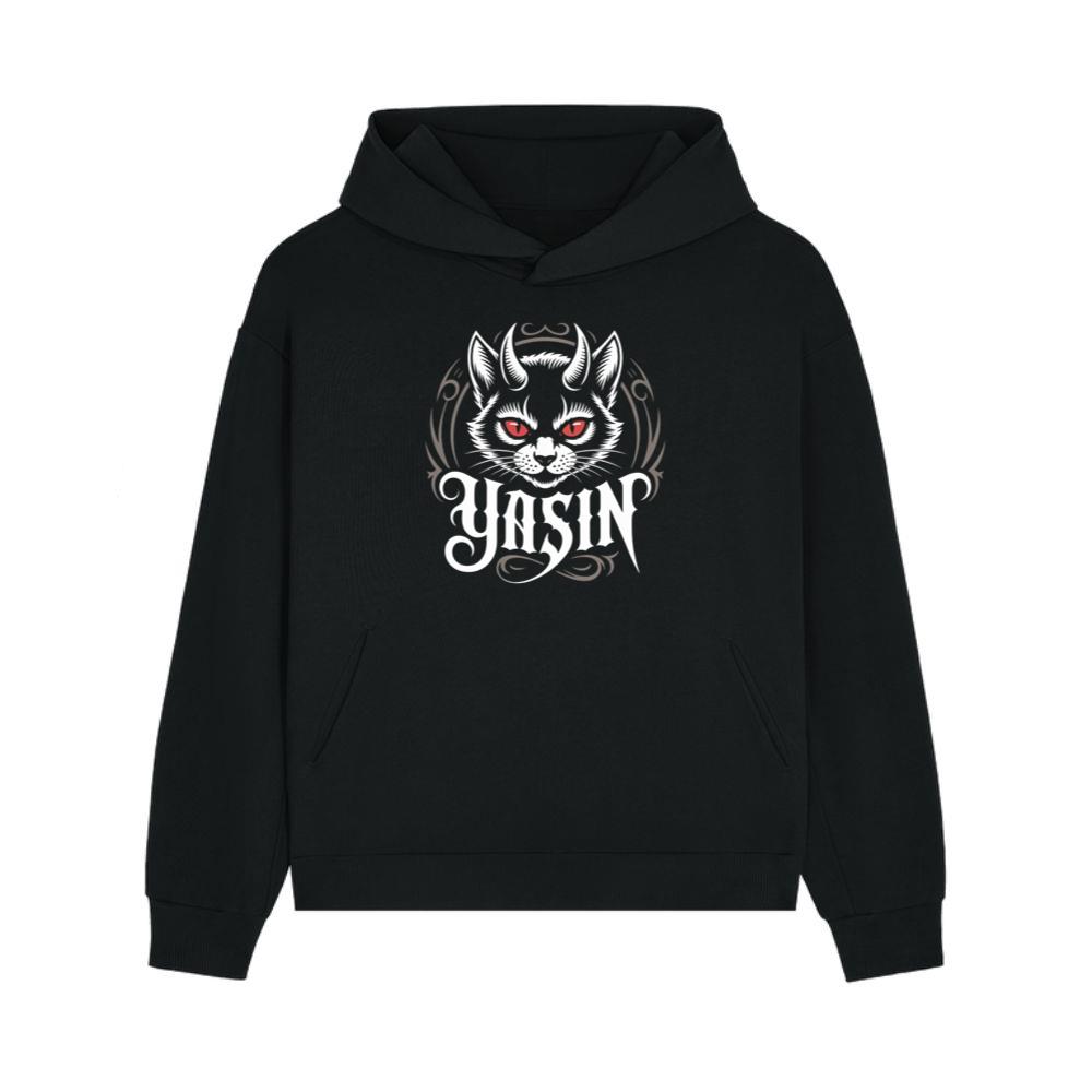 Yasin Evil Cat with Horns and Glowing Red Eyes Artwork Hoodie