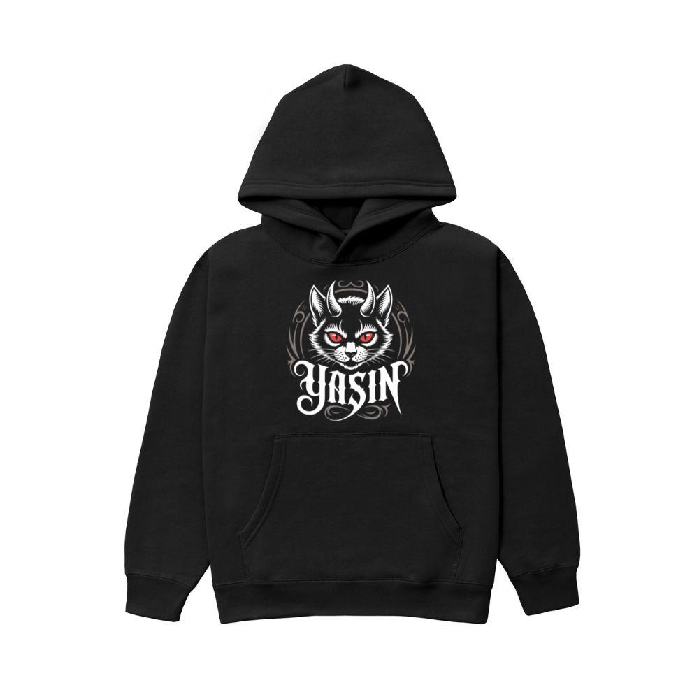 Yasin Evil Cat with Horns and Glowing Red Eyes Artwork Hoodie