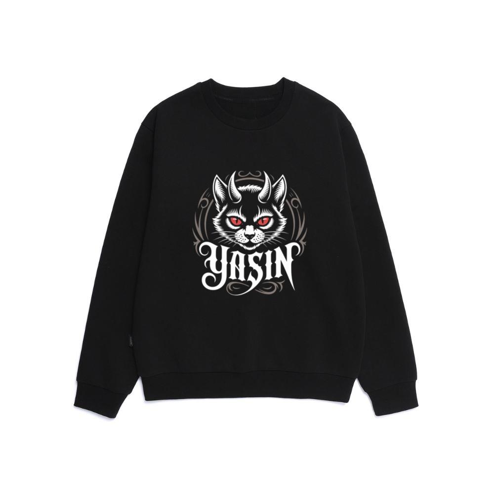 Yasin Evil Cat with Horns and Glowing Red Eyes Artwork Sweatshirt