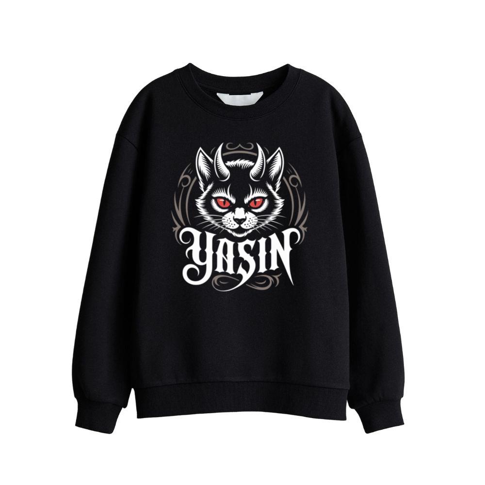 Yasin Evil Cat with Horns and Glowing Red Eyes Artwork Sweatshirts