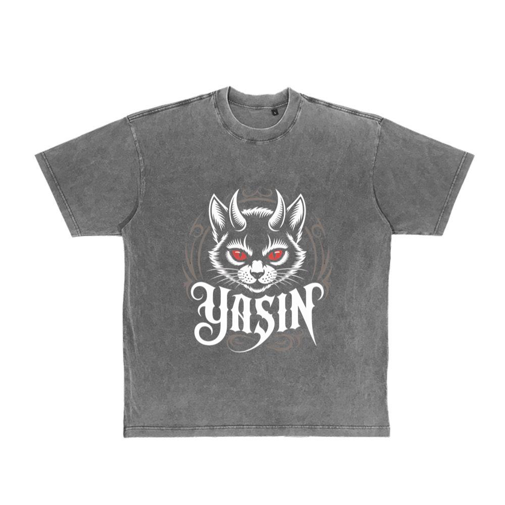 Yasin Evil Cat with Horns and Glowing Red Eyes Artwork T-Shirt