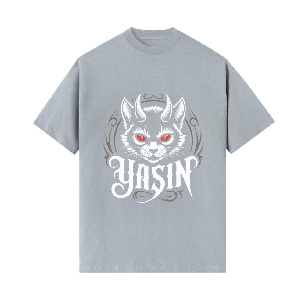 Yasin Evil Cat with Horns and Glowing Red Eyes Artwork T-Shirt