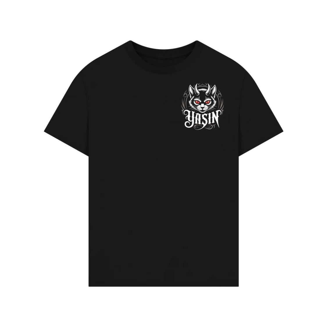 Yasin Evil Cat with Horns and Glowing Red Eyes Artwork T-Shirt