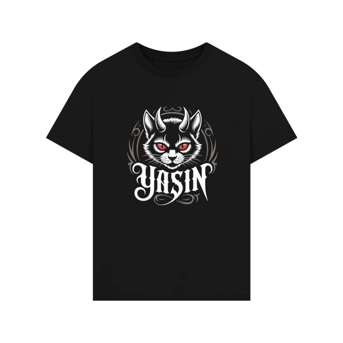 Yasin Evil Cat with Horns and Glowing Red Eyes Artwork T-Shirt