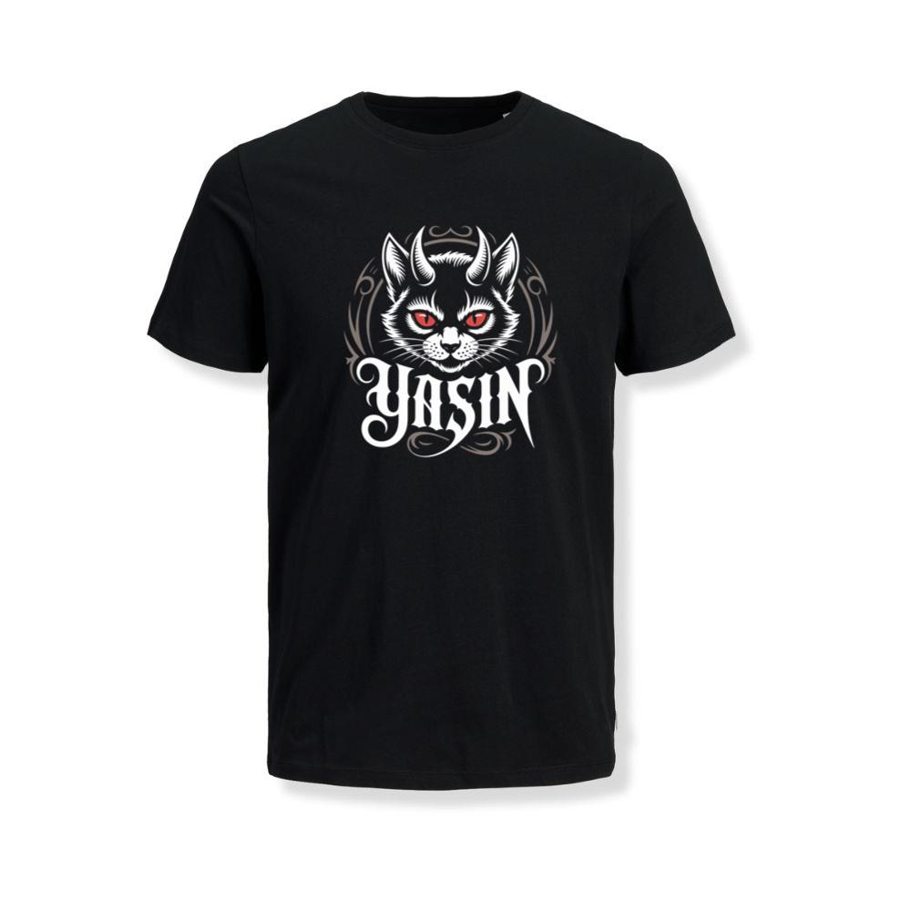 Yasin Evil Cat with Horns and Glowing Red Eyes Artwork T-Shirt