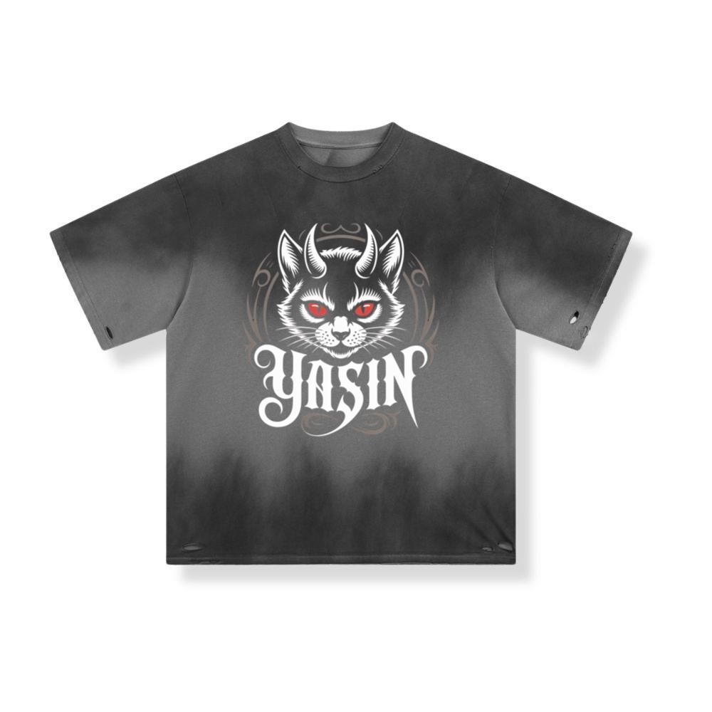 Yasin Evil Cat with Horns and Glowing Red Eyes Artwork T-Shirt