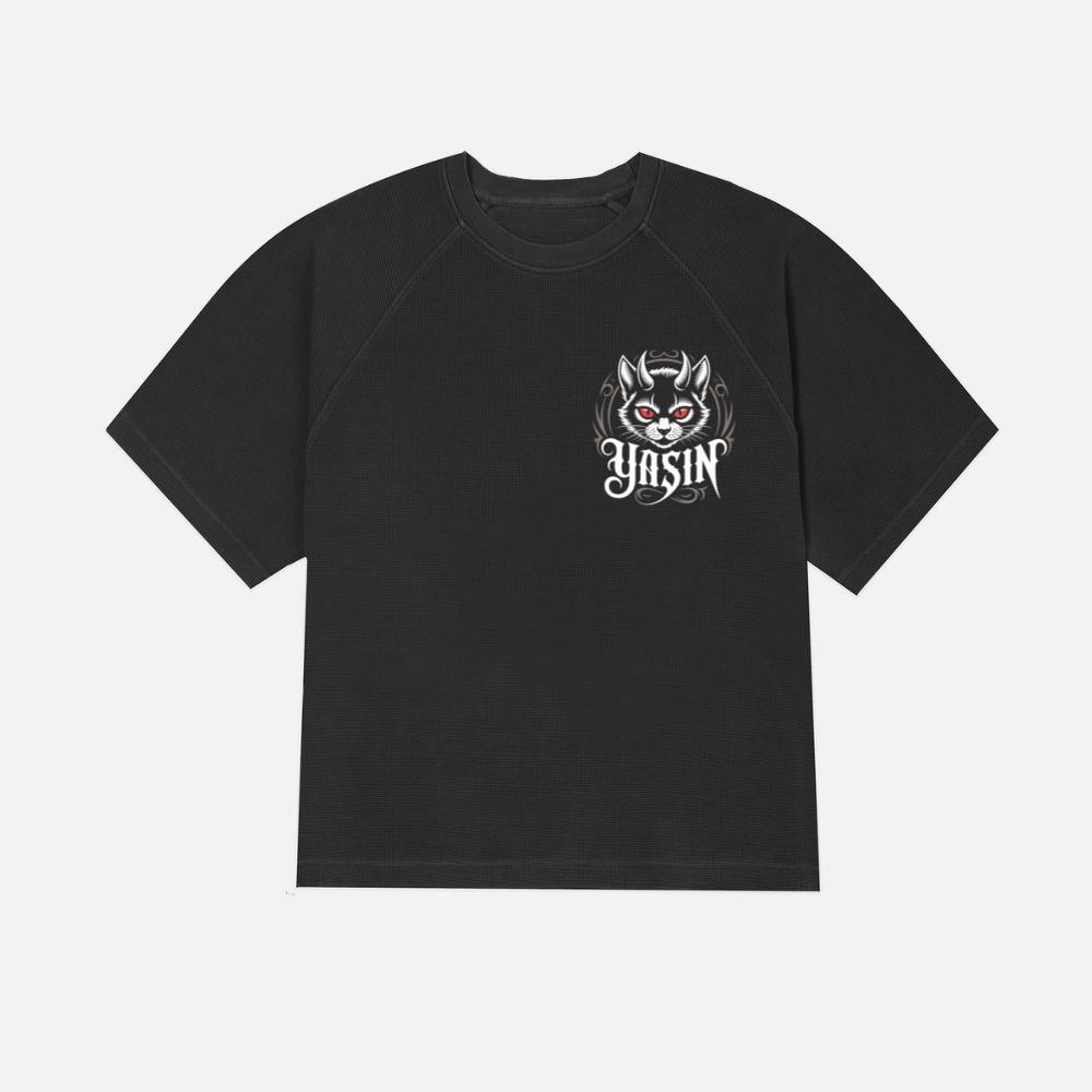 Yasin Evil Cat with Horns and Glowing Red Eyes Artwork T-Shirt
