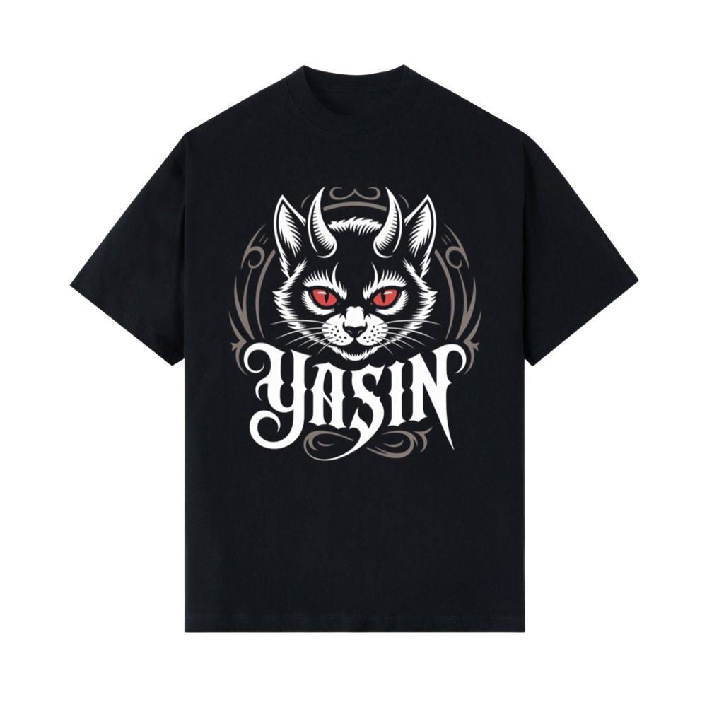 Yasin Evil Cat with Horns and Glowing Red Eyes Artwork T-Shirts